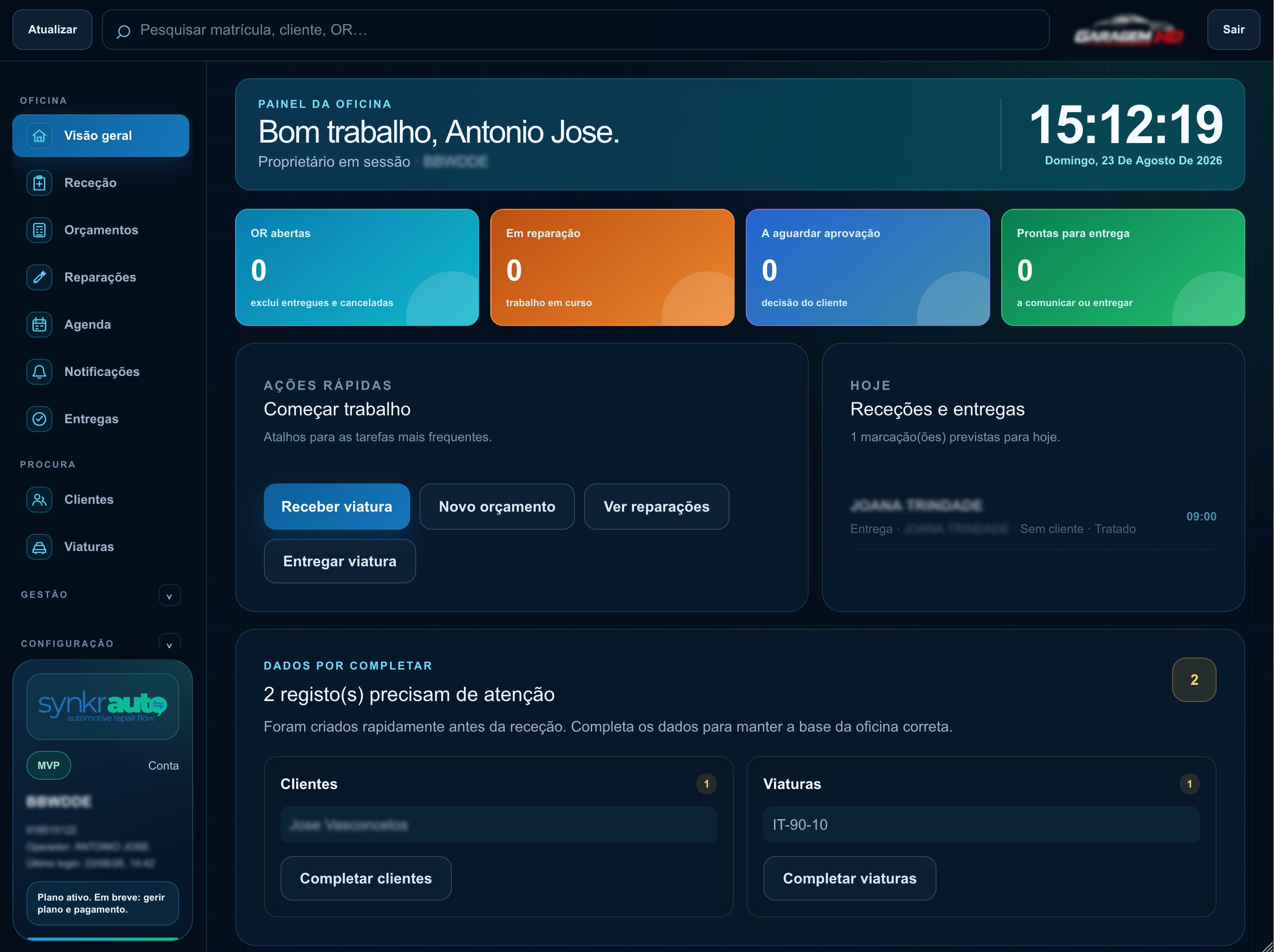 Ecrã da SynkrAuto: Visão geral